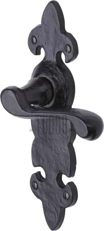 Tudor Fleur De Lys Handle On Latch Plate Black Antique Iron Black